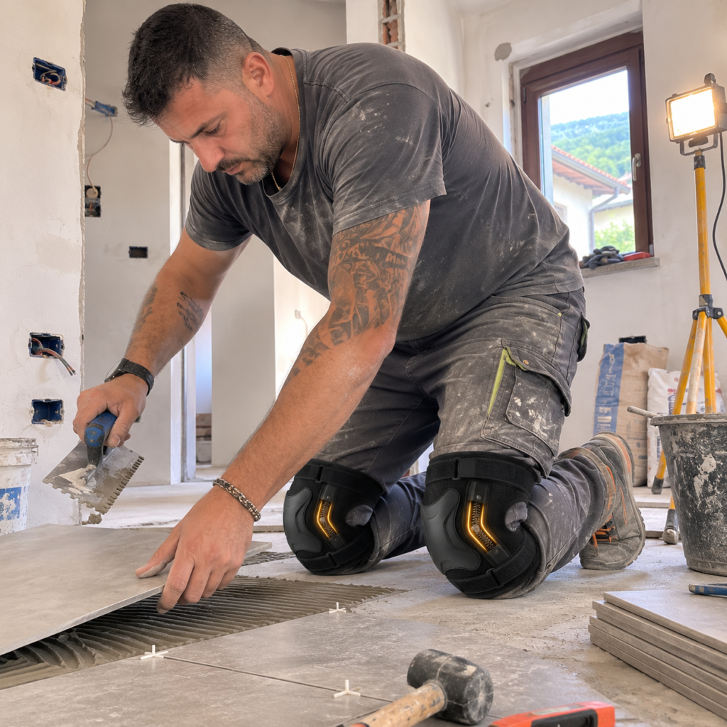 Piastrellista italiano inginocchiato al lavoro con PowerKnee Pro