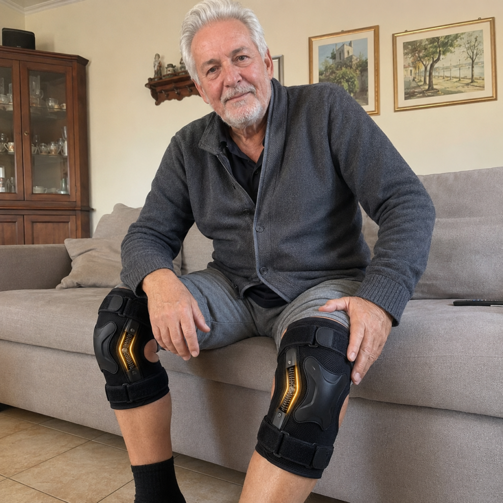 Cliente anziano italiano seduto sul divano con PowerKnee Pro su entrambe le ginocchia