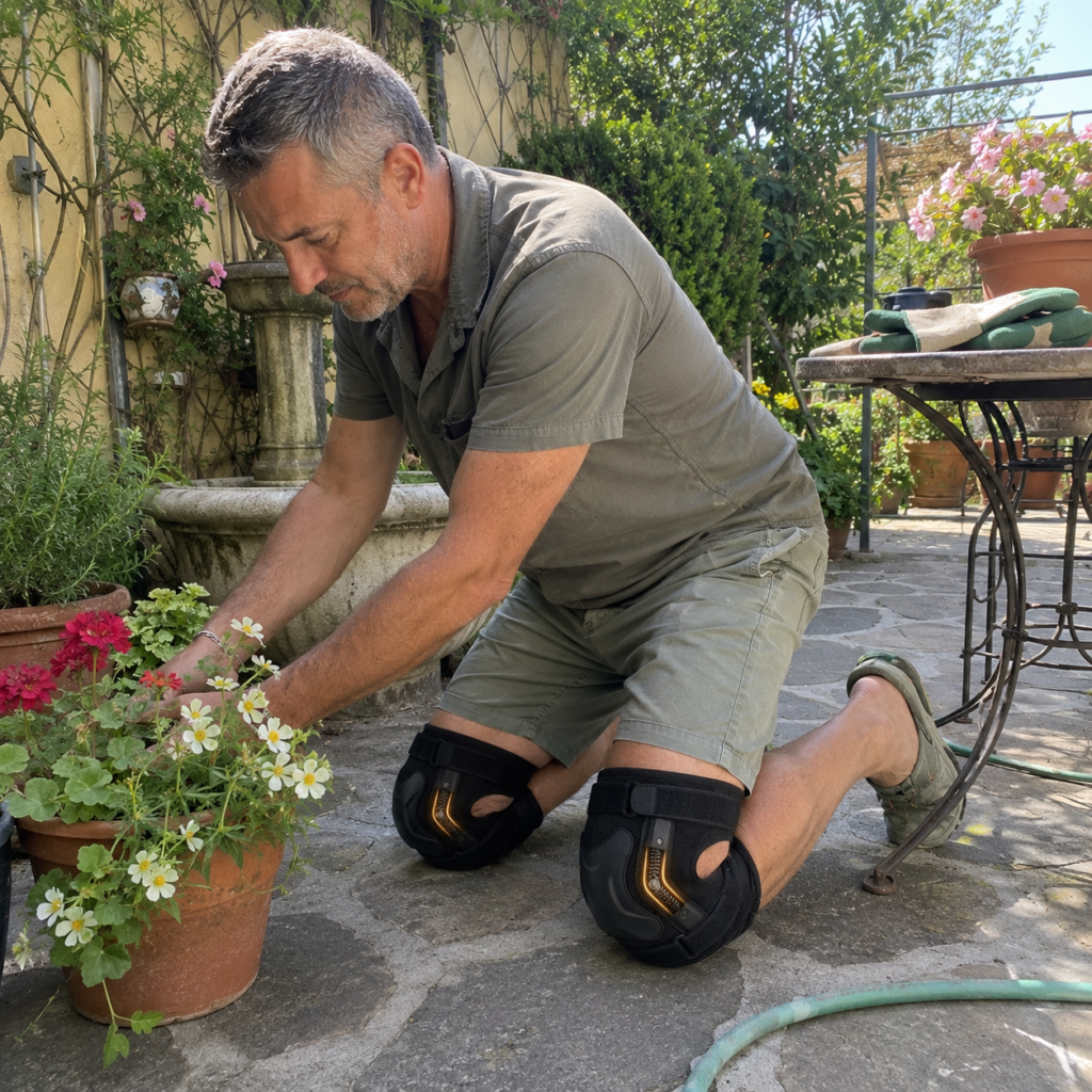 Uomo italiano che fa giardinaggio con PowerKnee Pro su entrambe le ginocchia