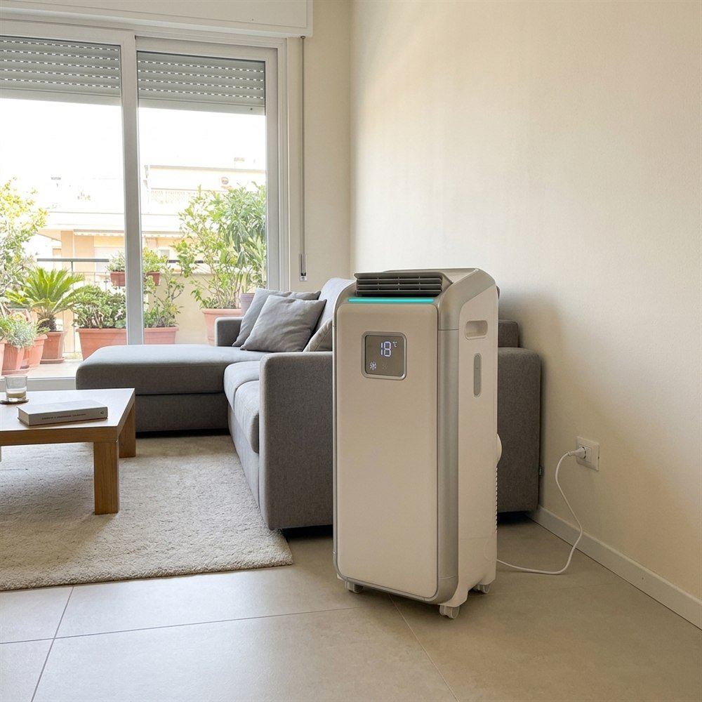 Climatizzatore OmniClima Pro bianco in un soggiorno italiano ampio