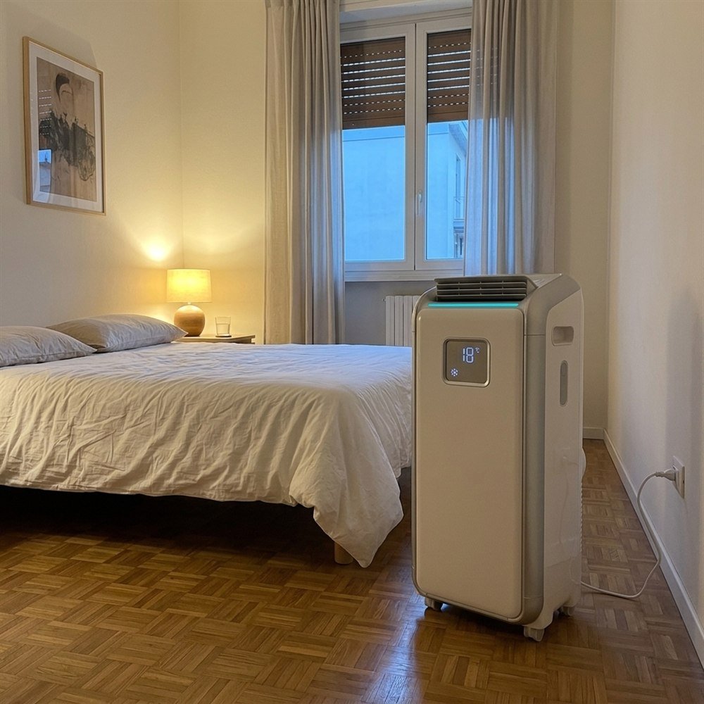 Climatizzatore OmniClima Pro bianco in camera da letto la sera