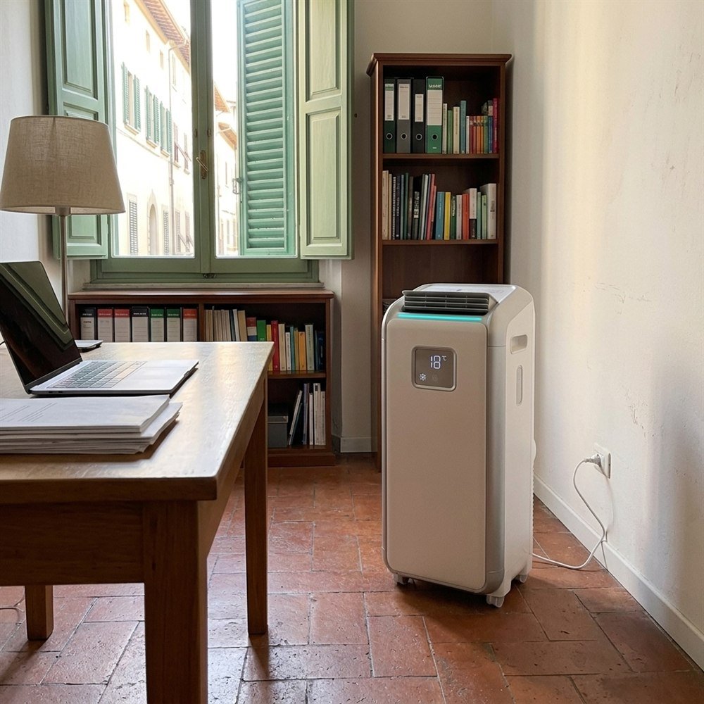 Climatizzatore OmniClima Pro bianco accanto alla scrivania nello studio
