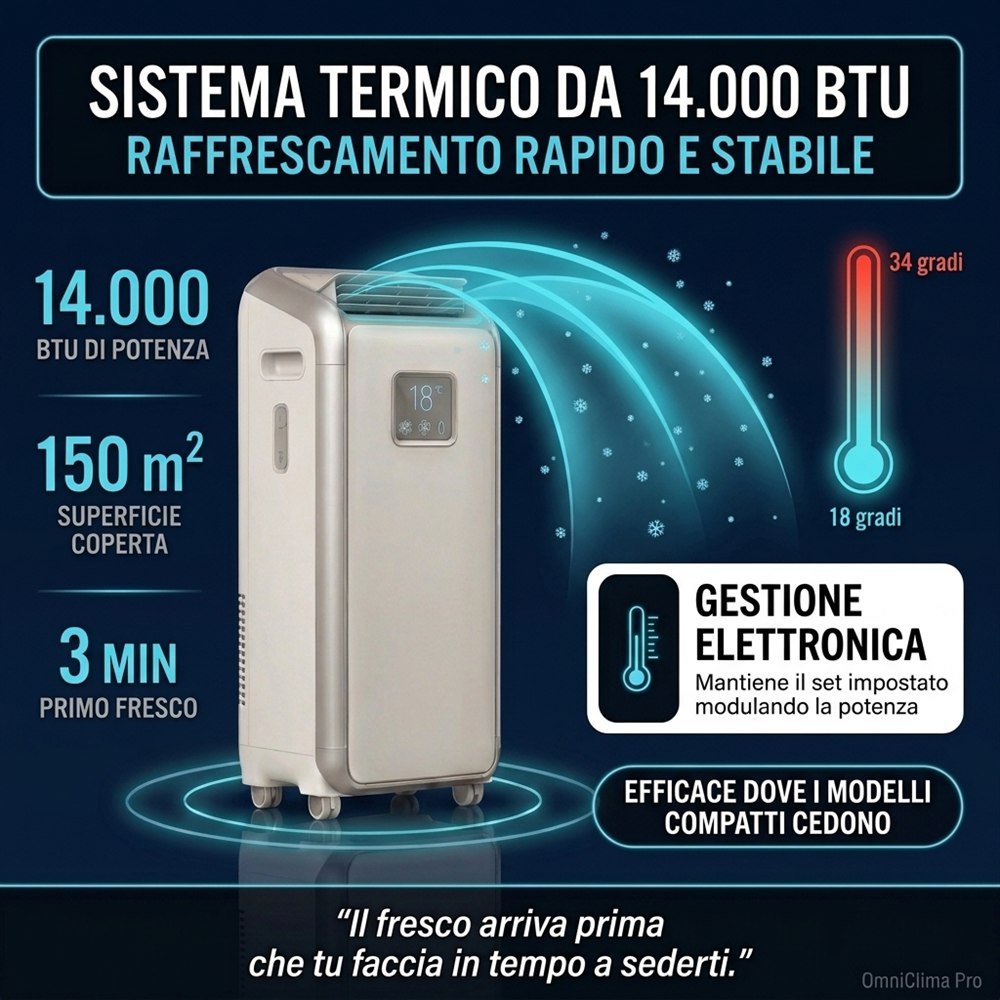 Sistema termico da 14.000 BTU per raffrescamento rapido e stabile