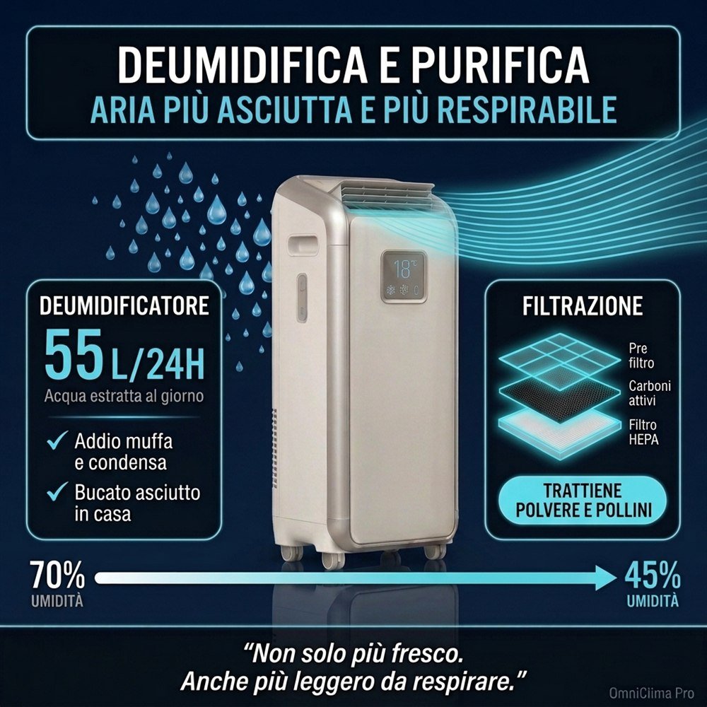 Deumidificazione fino a 55 litri al giorno e filtrazione HEPA