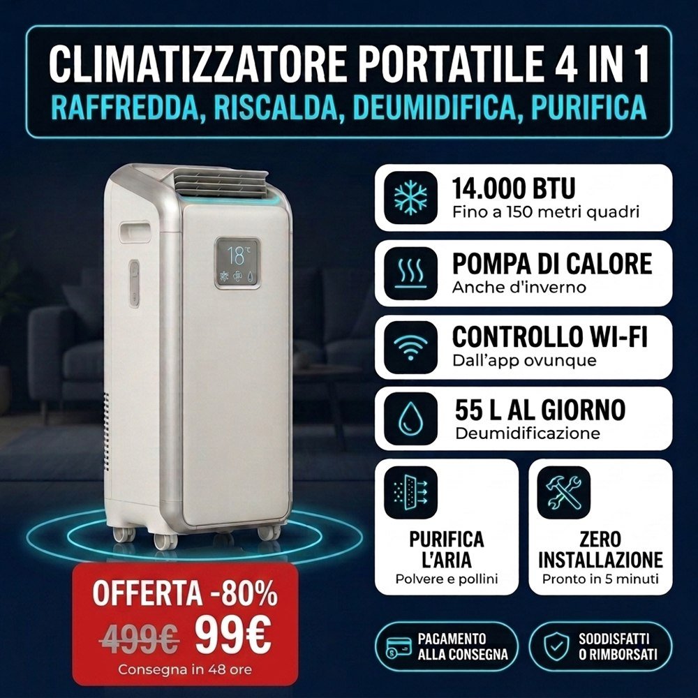 Climatizzatore portatile OmniClima Pro bianco e argento 14.000 BTU a 99 euro
