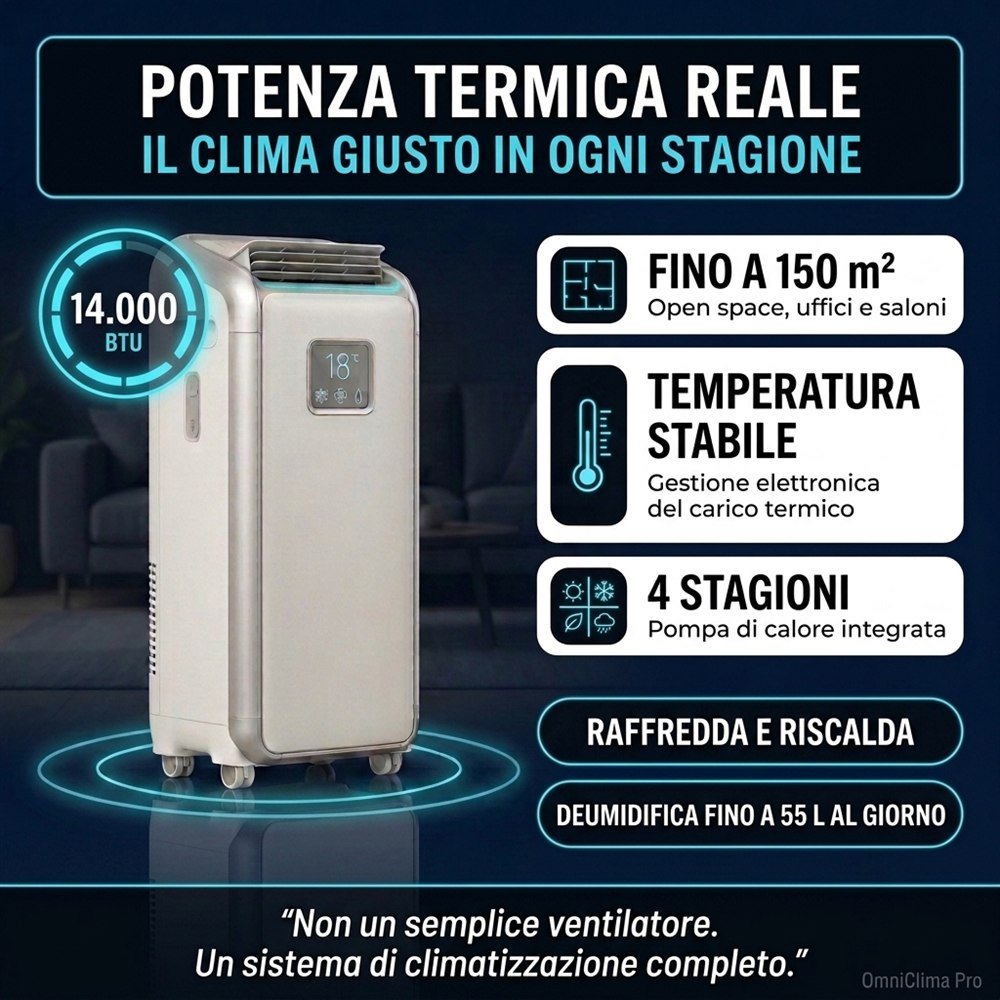 Potenza termica reale 14.000 BTU con copertura fino a 150 metri quadri