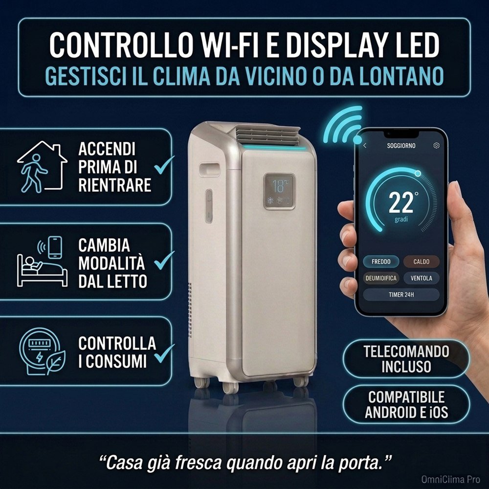 Controllo Wi-Fi da app e display LED frontale del climatizzatore